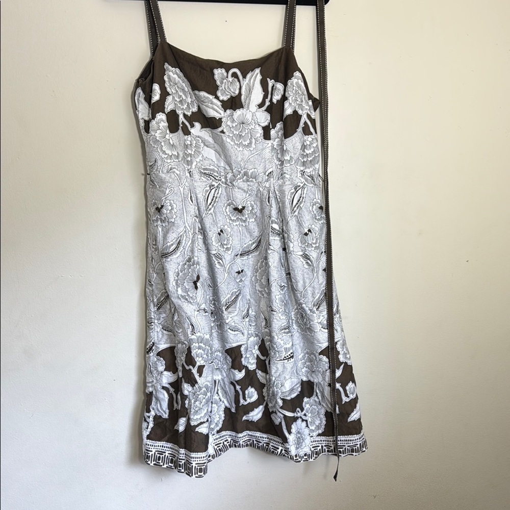 Ann Taylor Brown Dress with White Floral Design and waist tie.